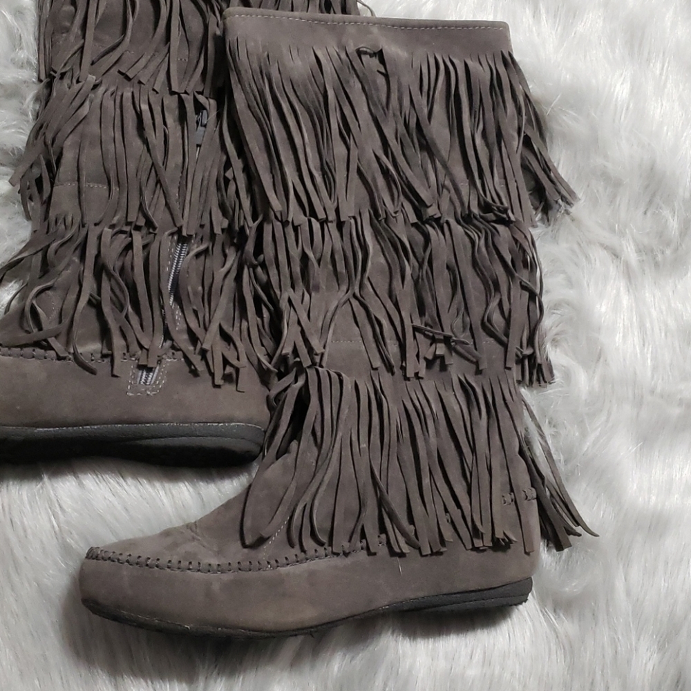 Lavender Gray Fringe Moccasin boots